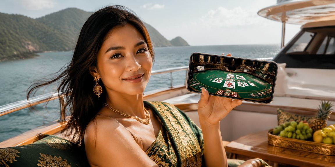 Perempuan menikmati permainan baccarat sambil minum kopi di kafe modern