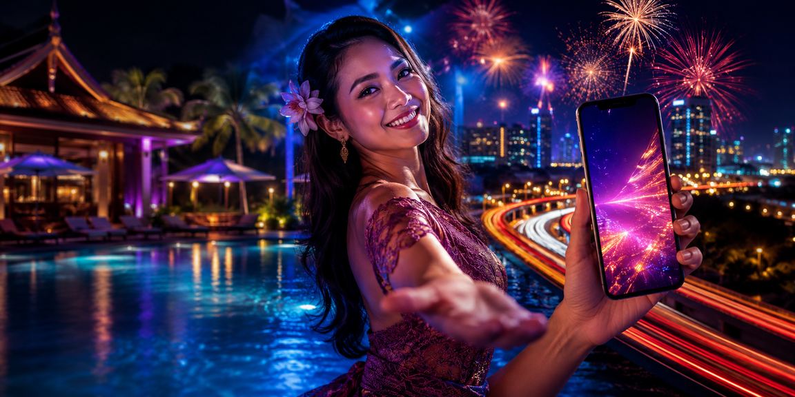 Pemain menikmati kasino mobile dengan cahaya neon yang penuh warna di malam hari